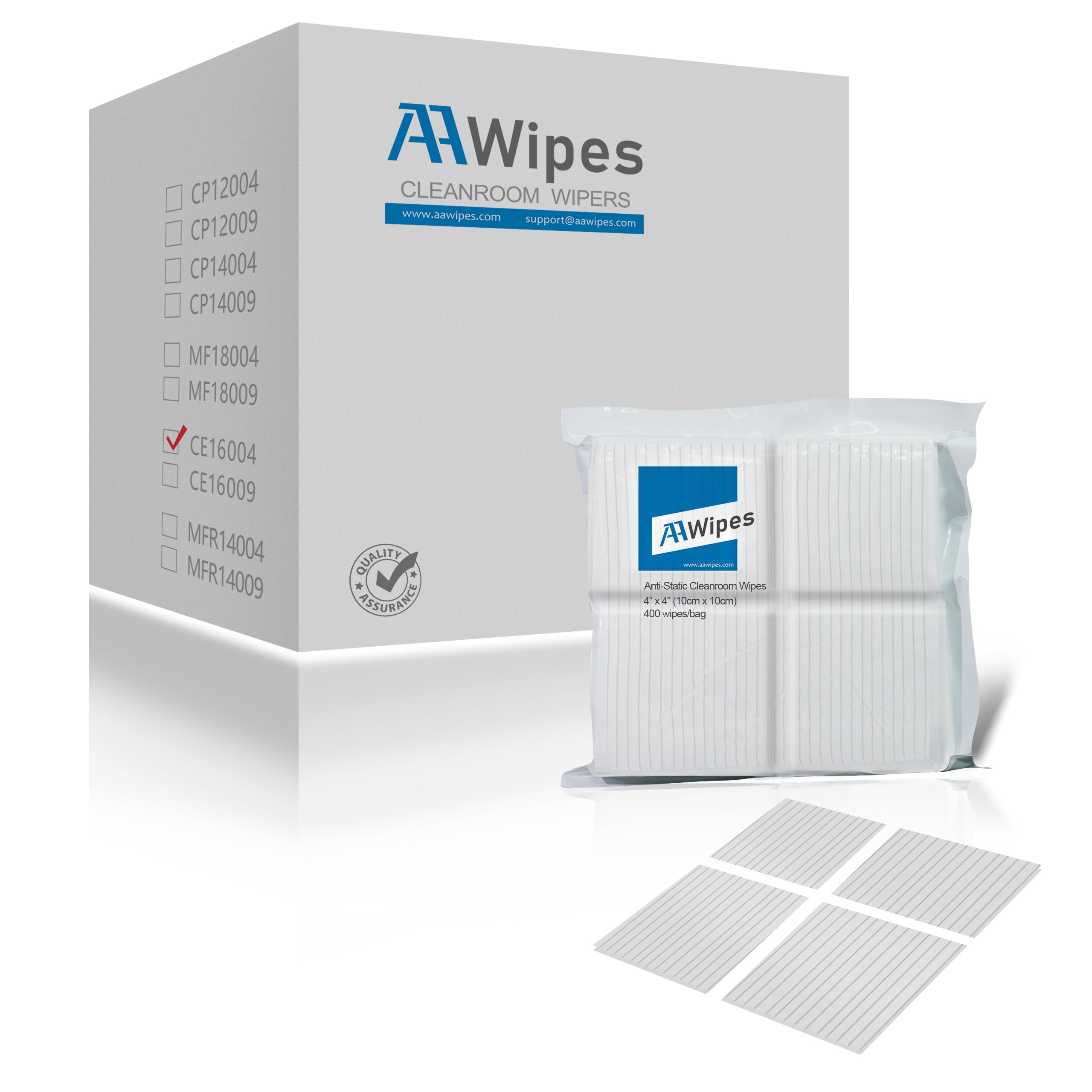 AAwipes Material: High-Quality Anti-Static Cleanroom Wipers made from virgin polyester with conductive carbon yarns, designed to dissipate electrical charges effectively, ideal for sensitive processes.