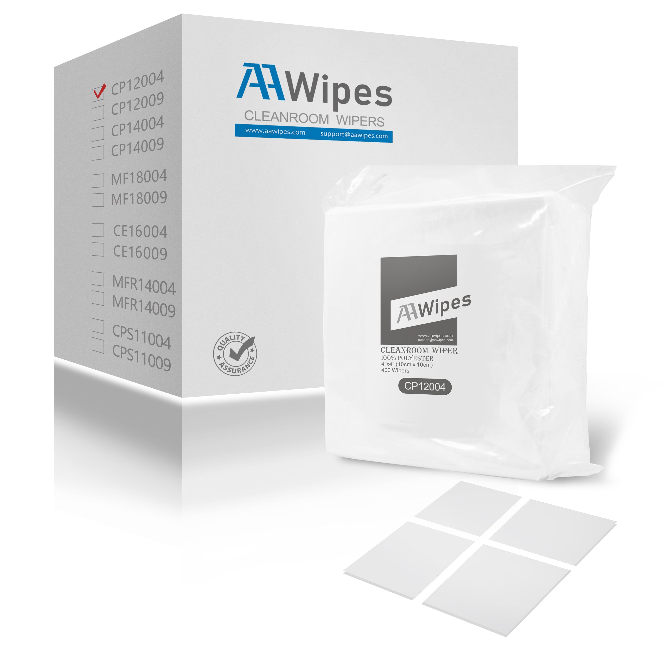 AAwipes Critical Environment Wipes: 4"x4" Double Knit, 100% Polyester. Pharmaceutical-grade, delicate task wipes. 8,000 wipes/box, 20 bags (No. CP12004).
