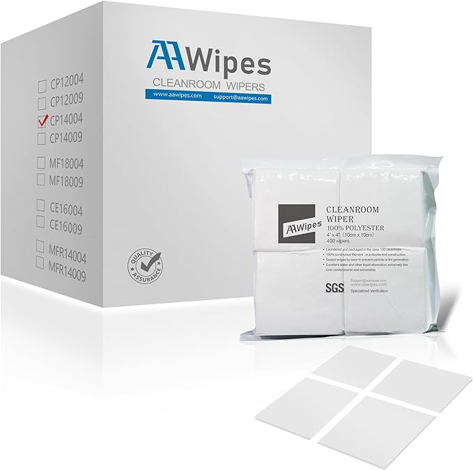 AAwipes Material and Features: Made from 100% high-strength polyester microfiber, these cleanroom cloths are laser-cut and ultrasonically sealed. They're produced in a class 10-100 cleanroom, are ultra-soft, non-abrasive, quick-drying, highly absorbent, and durable.
