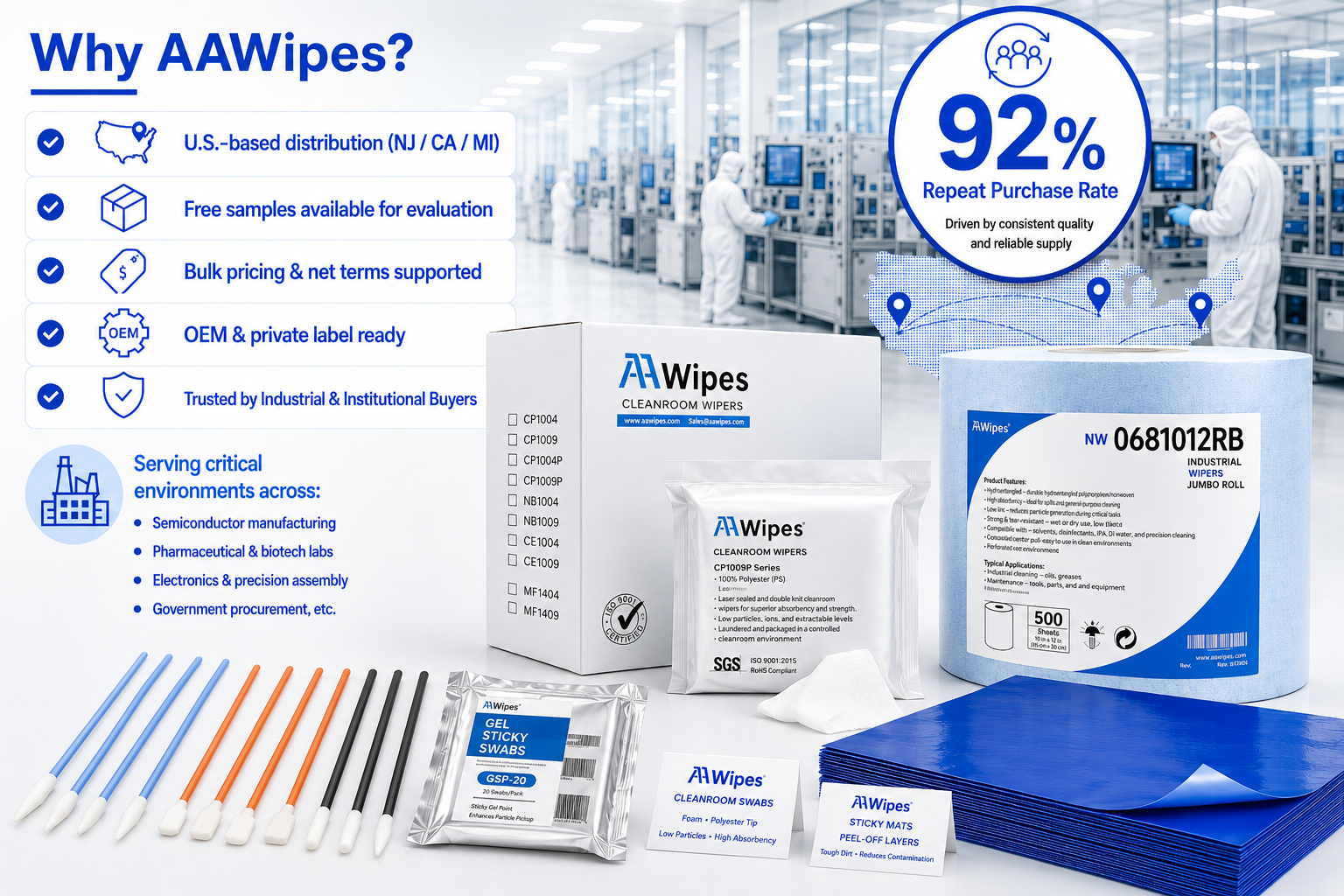 AAWipes disinfecting wipes product display with multiple boxes, rolls, and individual wipes packets arranged in a cleanroom-style composite. The image includes marketing text on the left, a large '92% Repeat Purchase Rate' badge, and a blurred industrial/lab background suggesting a clean manufacturing environment.