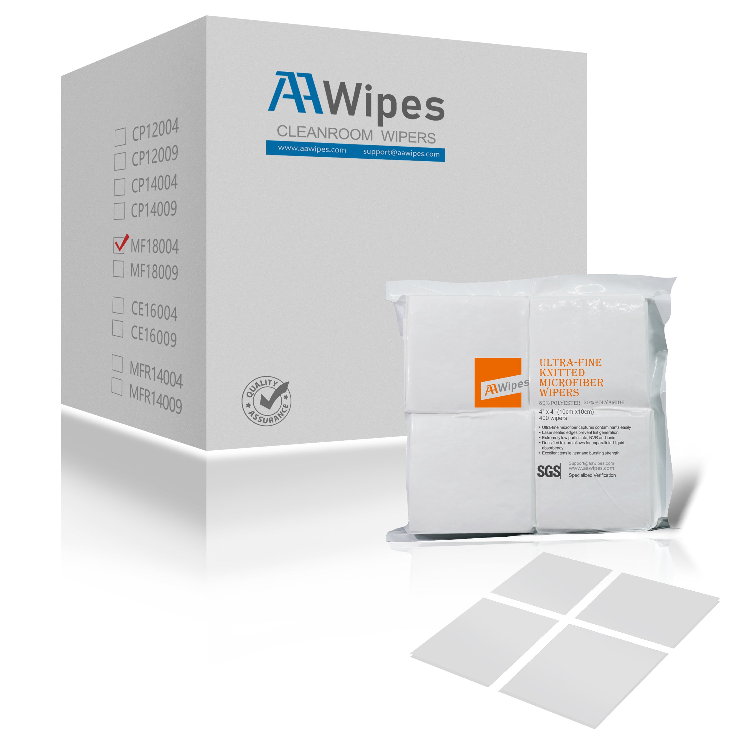 Cleanroom Ultrafine Microfiber Wipers 4"x4" (Starting at 1 Box with 8,000 Wipes per 20 Bags, 180gsm), Laser Sealed Edge, Class 100 Cloths (No. MF18004)