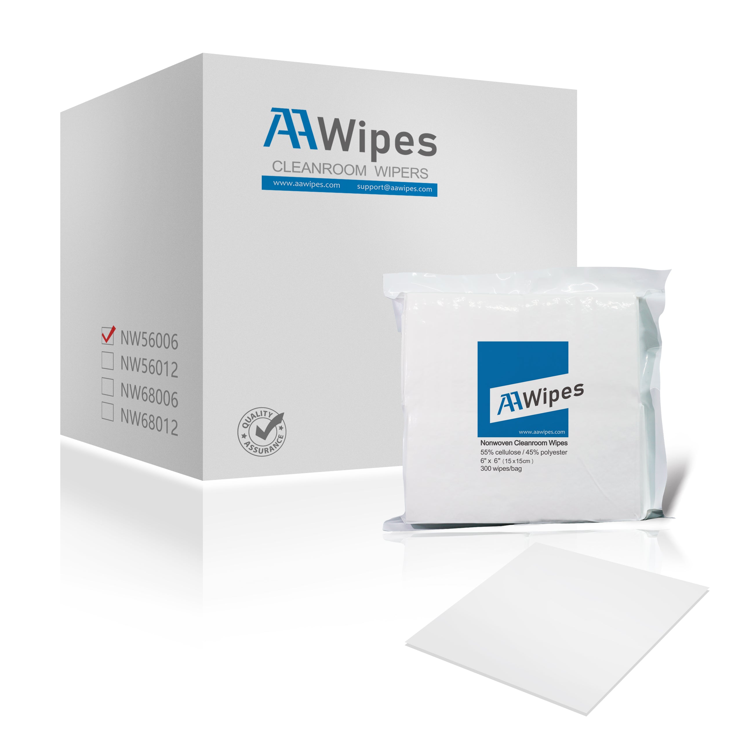 Cleanroom Wipes Cellulose/Polyester, Cleanroom Consumables Lint-free 6" x 6" Nonwoven Wipers (30,000 Wipes/100 Bags/Case) (56 gsm) (No. NW05606)