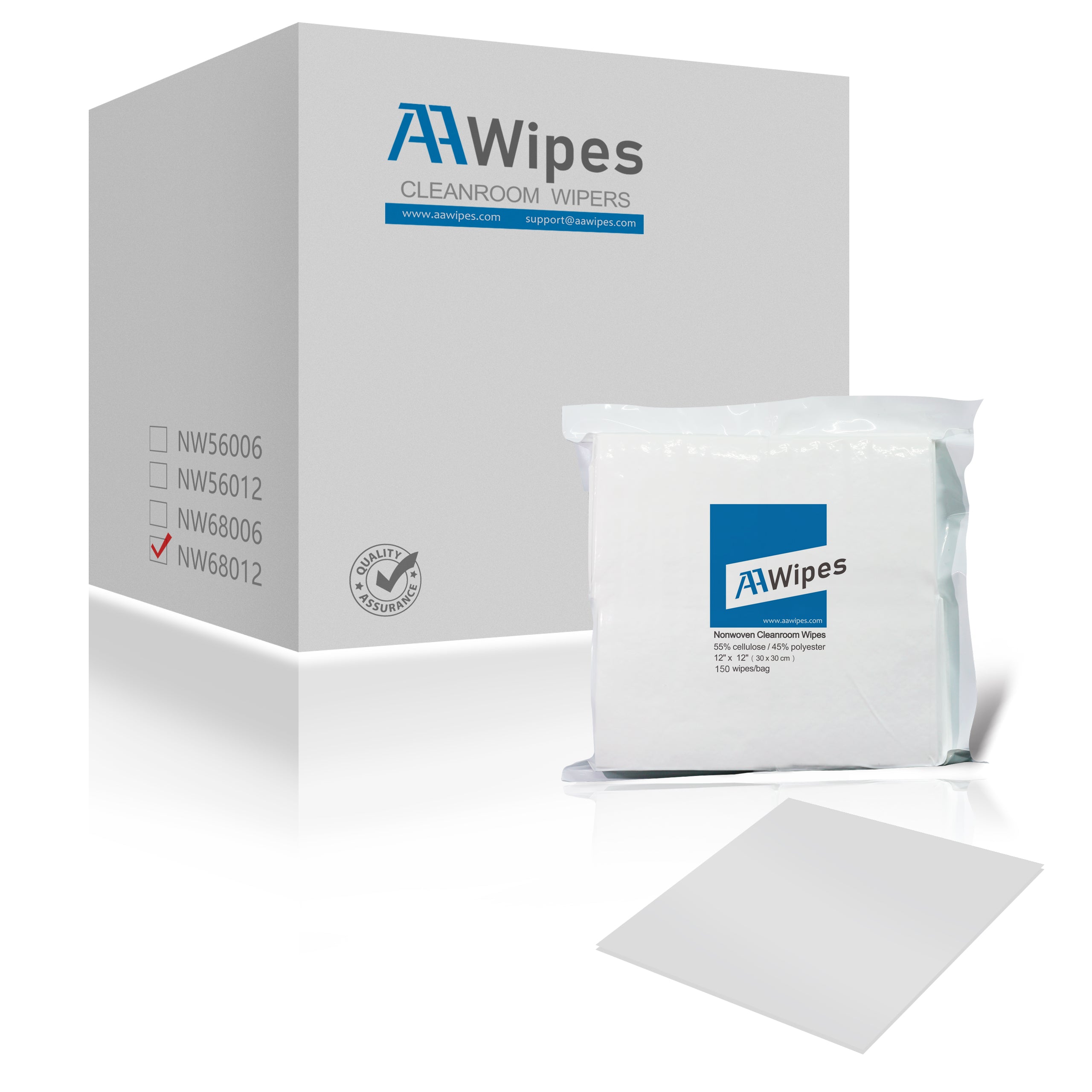 Cleanroom Wipes, Cellulose/Polyester Blend, 12" x 12" (15,000 Wipes per Case, 100 Bags per Case, 56 gsm) (No. NW05612, Previous No. IPW-1212-56-150)