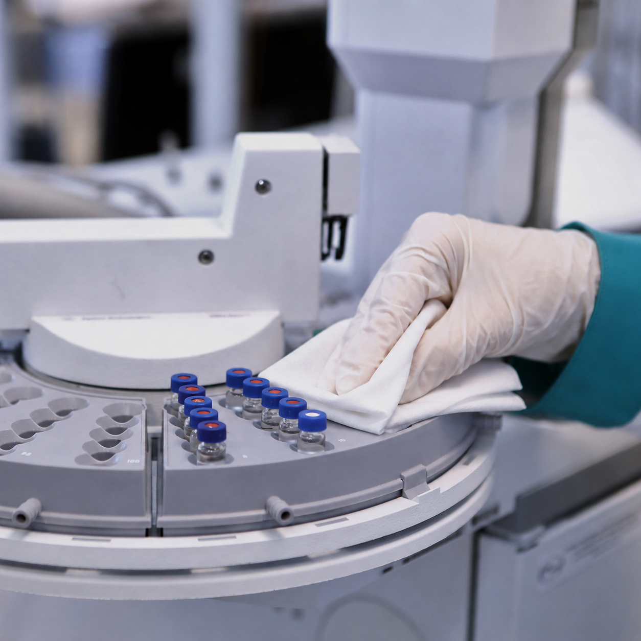 Individually double-bagged sterile cleanroom wipes with Gamma irradiation indicator for pharmaceutical manufacturing
